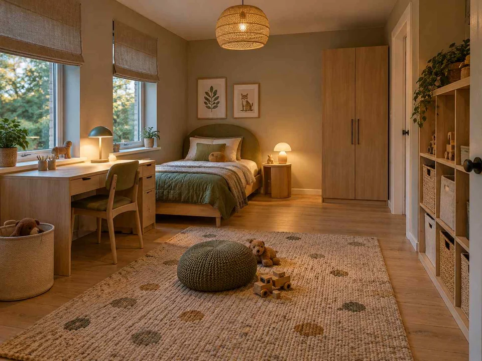 AI concept of a bedroom with a central rug and open floor space for play, with muted earth colours and textured furnishings