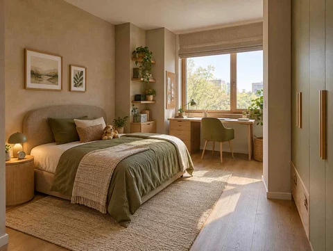 AI concept of a bedroom with a study desk and storage beside the sleeping area, with muted earth colours and textured furnishings