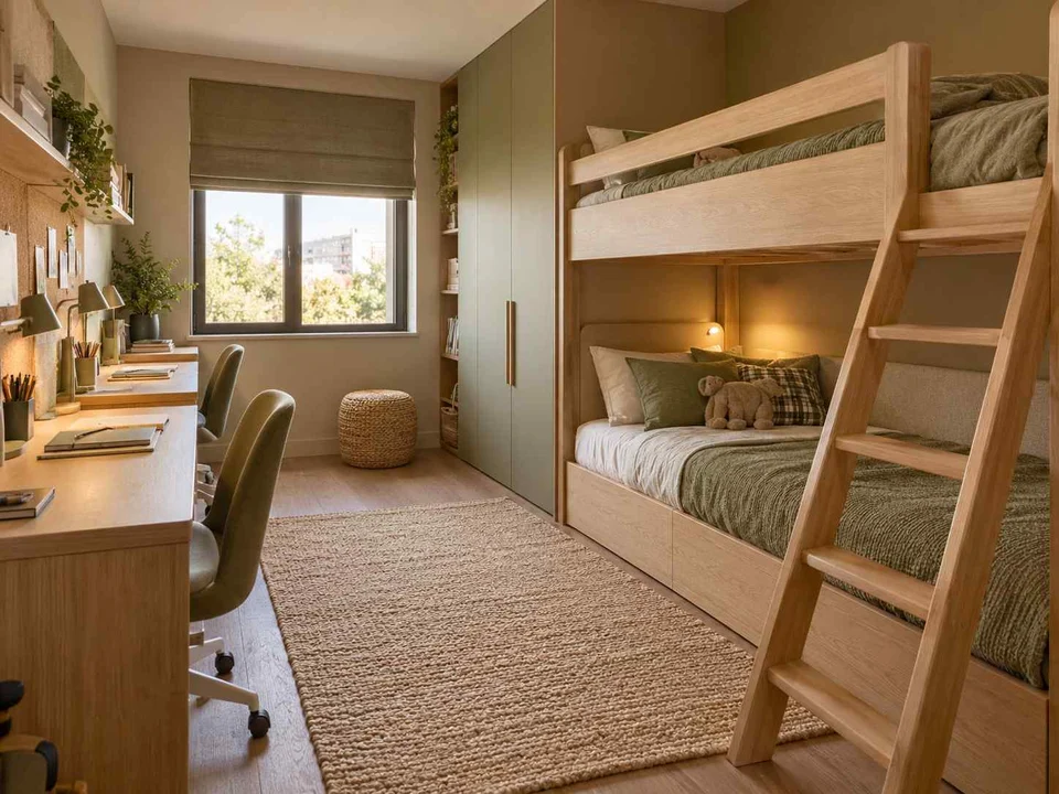 AI concept of bunk beds alongside study furniture and storage, with muted earth colours and textured furnishings
