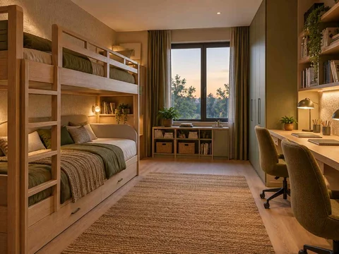 AI concept of bunk beds paired with bookshelves and study space, with muted earth colours and textured furnishings