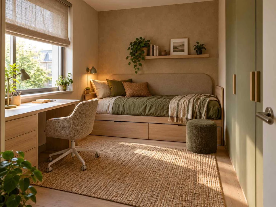 AI concept of a compact bedroom combining a bed, desk and storage, with muted earth colours and textured furnishings