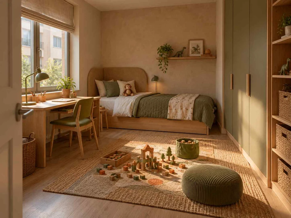 AI concept of a daylit bedroom with space for floor play, with muted earth colours and textured furnishings