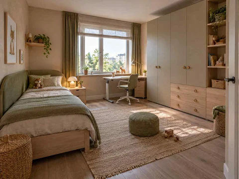 AI concept of a bedroom with a bed, study desk and open central floor space, with muted earth colours and textured furnishings
