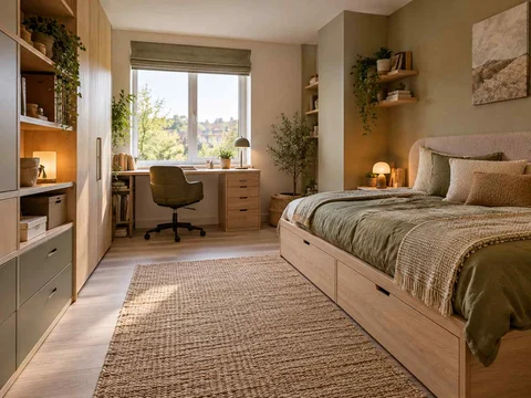 AI concept of a bedroom combining low storage with taller cabinetry or shelving, with muted earth colours and textured furnishings