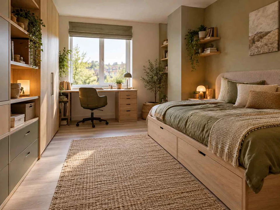 AI concept of a bedroom combining low storage with taller cabinetry or shelving, with muted earth colours and textured furnishings
