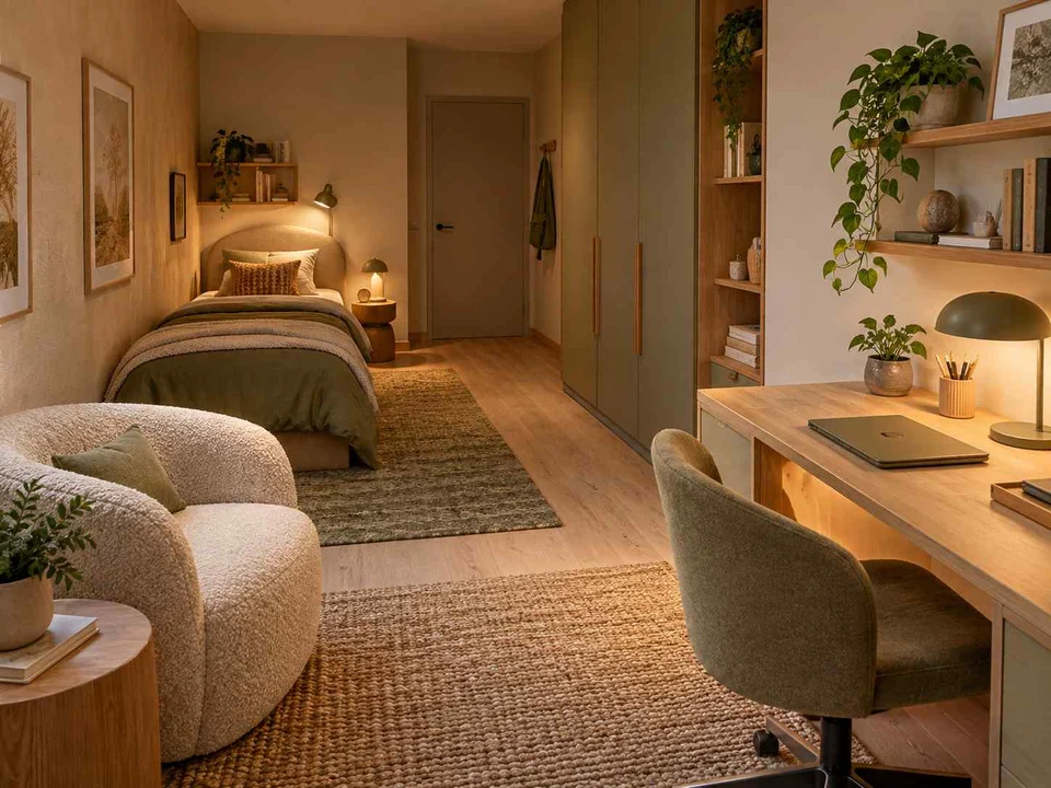AI concept of a long bedroom with sleeping and study areas arranged along its length, with muted earth colours and textured furnishings