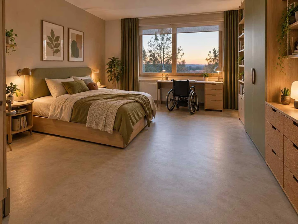 AI concept of a bedroom with an open central floor area and furniture arranged around its edges, with muted earth colours and textured furnishings