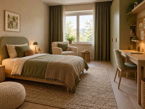 AI concept of a bedroom arranged around sleep, storage and a small sitting area, with muted earth colours and textured furnishings