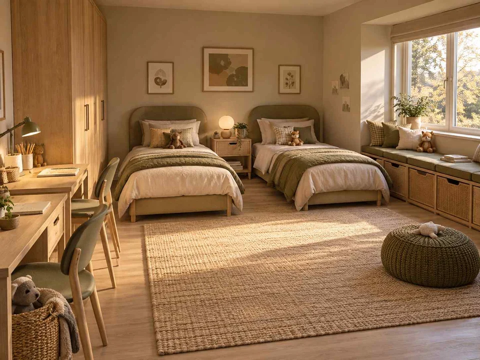 AI concept of a shared bedroom with twin sleeping areas and daylight from the window side, with muted earth colours and textured furnishings
