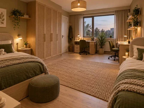 AI concept of a shared bedroom with two sleeping areas and desk space, with muted earth colours and textured furnishings