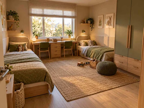 AI concept of two beds arranged around a shared central floor area, with muted earth colours and textured furnishings
