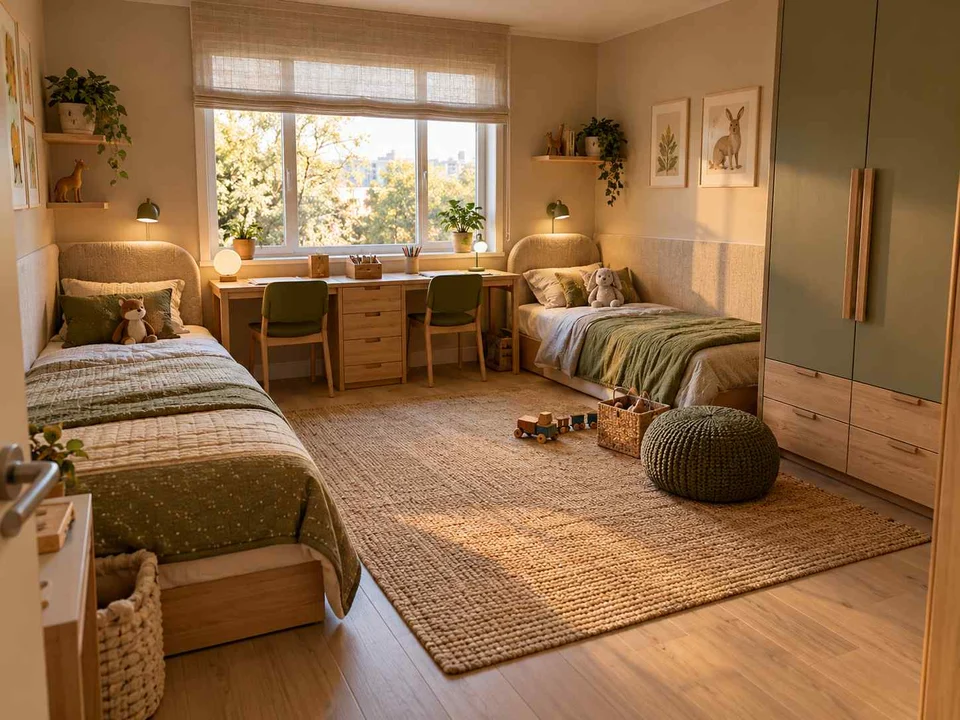 AI concept of two beds arranged around a shared central floor area, with muted earth colours and textured furnishings