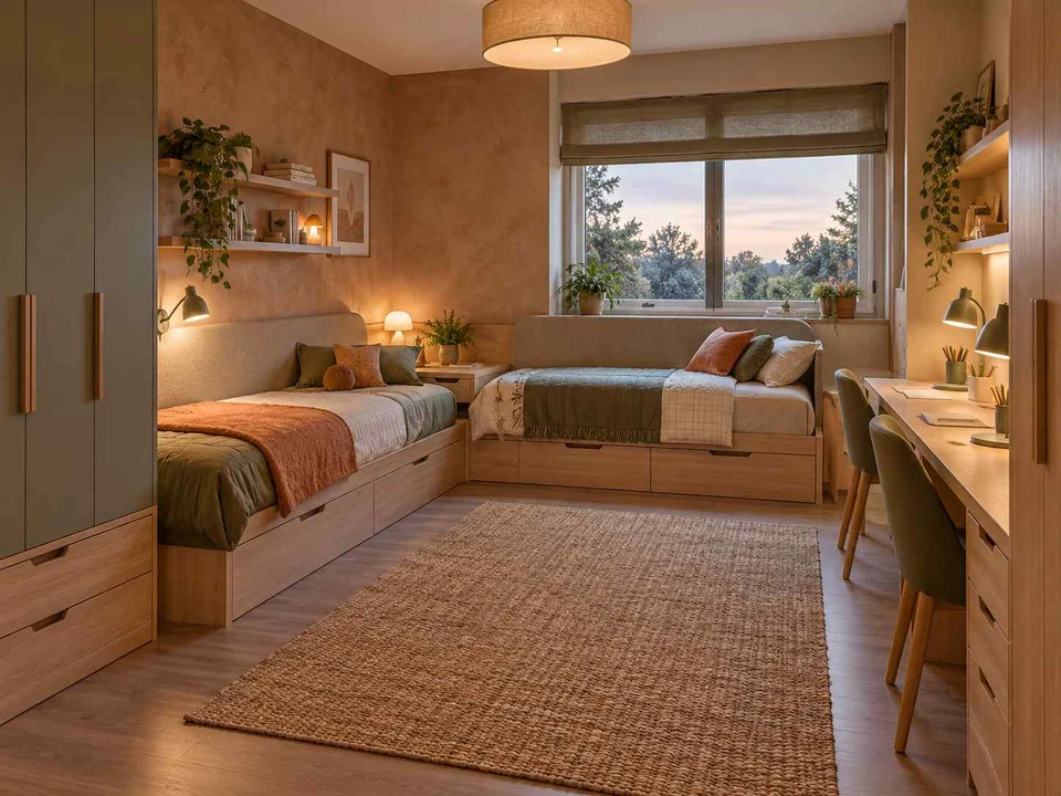 AI concept of a shared bedroom with two sleeping areas and study furniture, with muted earth colours and textured furnishings