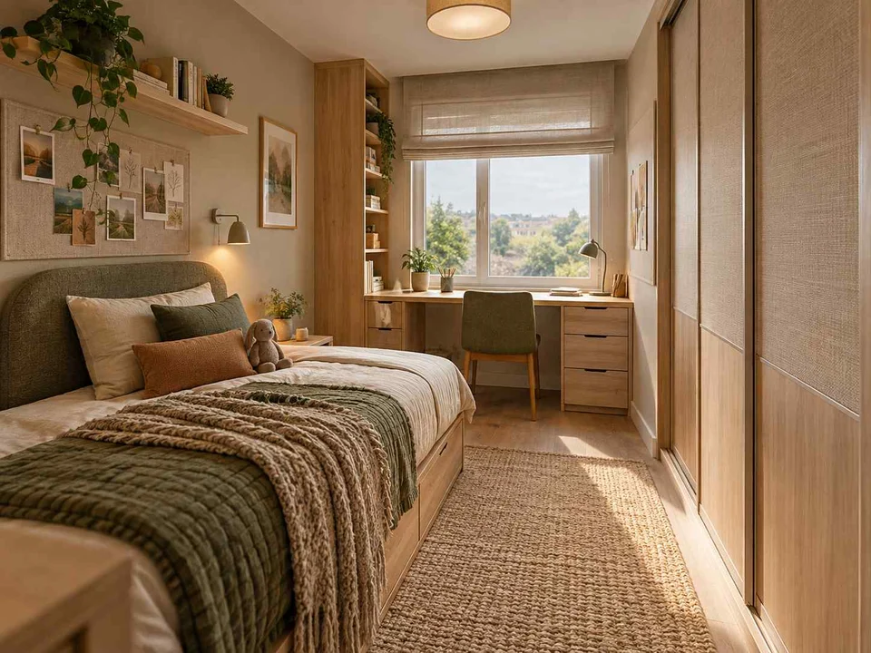 AI concept of a small bedroom with a bed, study furniture and integrated storage, with muted earth colours and textured furnishings