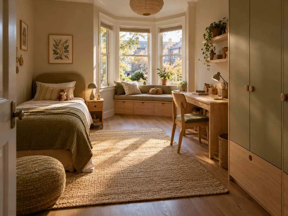 AI concept of a bedroom with a window-side seating area, with muted earth colours and textured furnishings