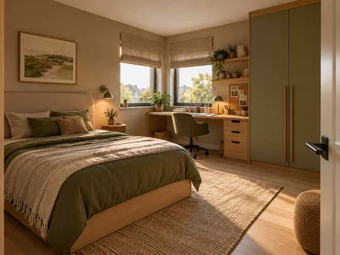 AI concept of a bedroom with a desk positioned near a window, with muted earth colours and textured furnishings