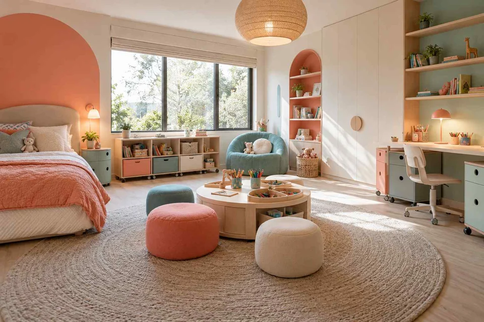 AI concept: pastel storage units, an arched reading nook and movable floor cushions create separate play areas