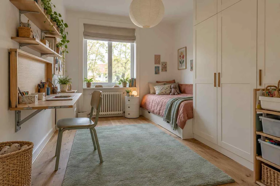 AI concept: a compact room with a bed, slim activity surface and storage near the window
