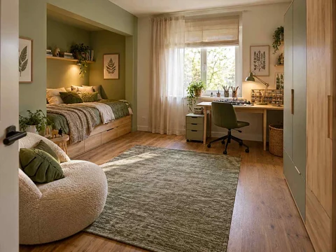 AI concept of a bedroom with a recessed sleeping area and a separate desk, with green bedding and botanical wall art