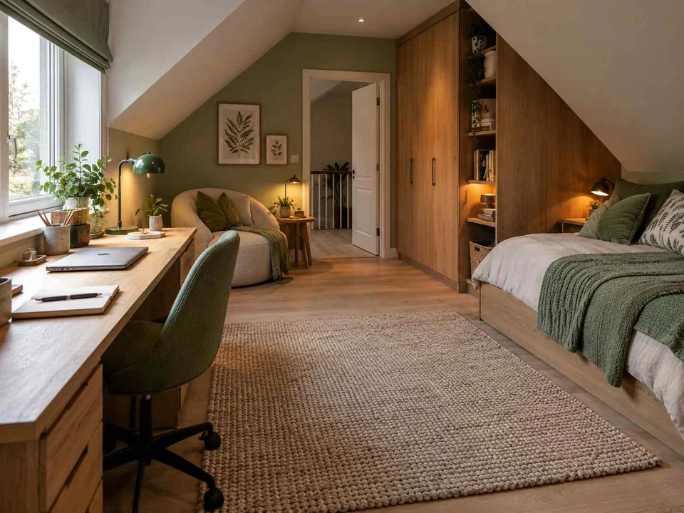AI concept of a bedroom beneath a sloping ceiling with a bed and desk, with green bedding and botanical wall art