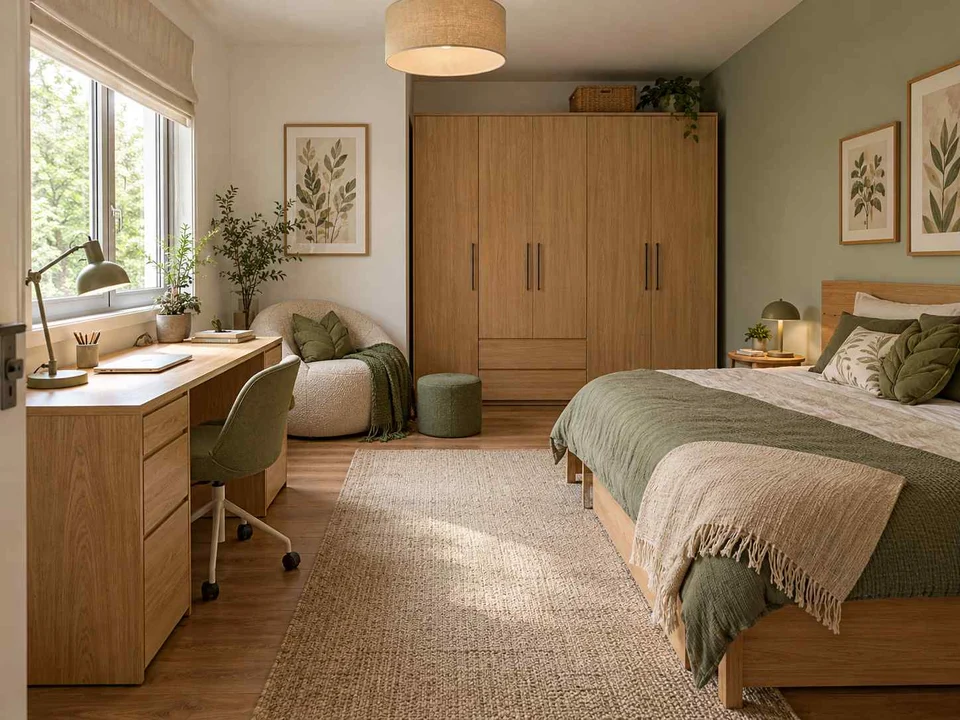 AI concept of a bedroom arranged with a bed, desk and storage furniture, with green bedding and botanical wall art