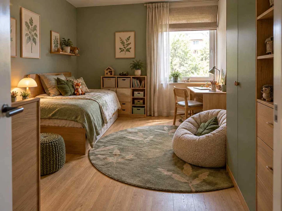 AI concept of a bedroom with cabinetry and shelving along the walls, with green bedding and botanical wall art