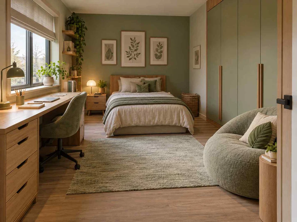 AI concept of a bedroom with desk space, task lighting and nearby storage, with green bedding and botanical wall art
