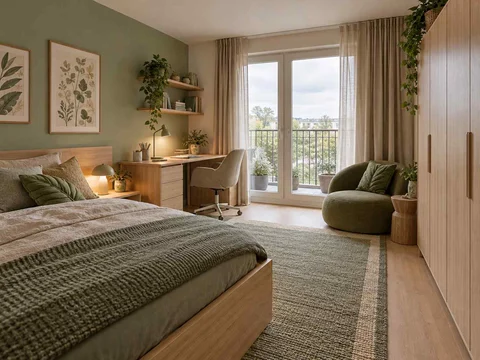AI concept of a bedroom opening towards full-height glazed doors, with green bedding and botanical wall art