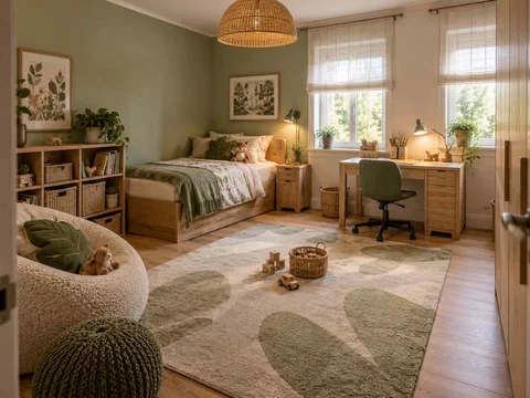AI concept of a bedroom with a central rug and open floor space for play, with green bedding and botanical wall art