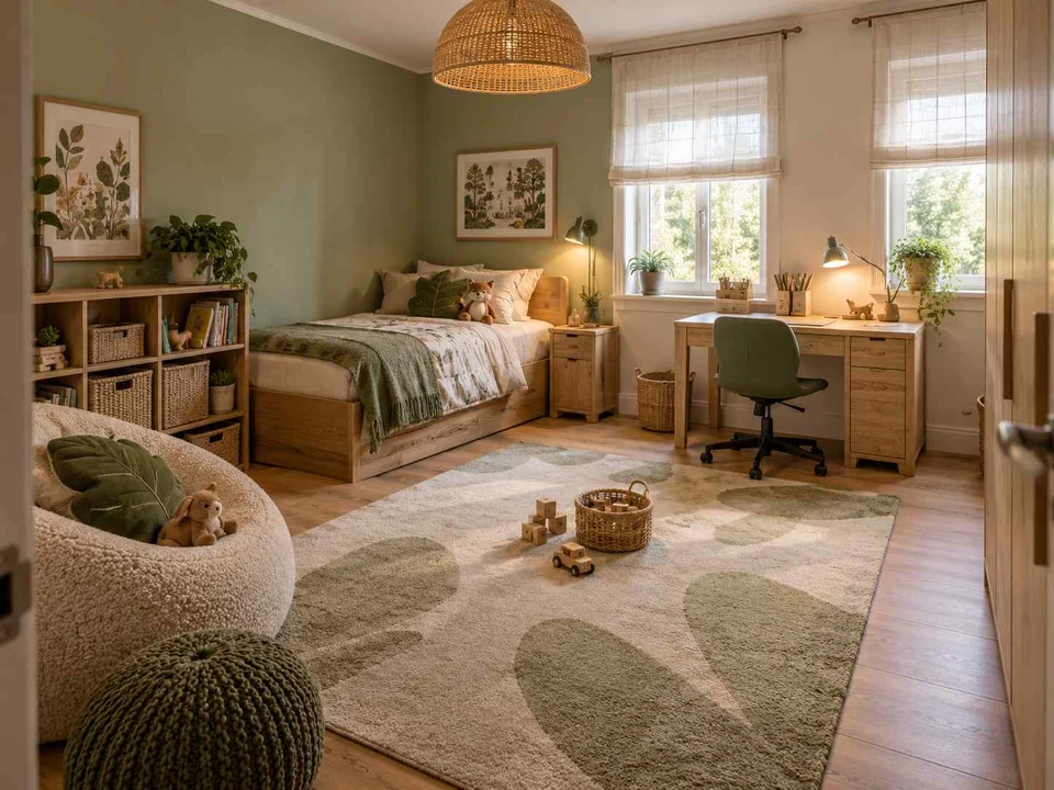 AI concept of a bedroom with a central rug and open floor space for play, with green bedding and botanical wall art