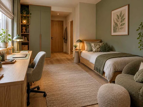 AI concept of a bedroom with a study desk and storage beside the sleeping area, with green bedding and botanical wall art