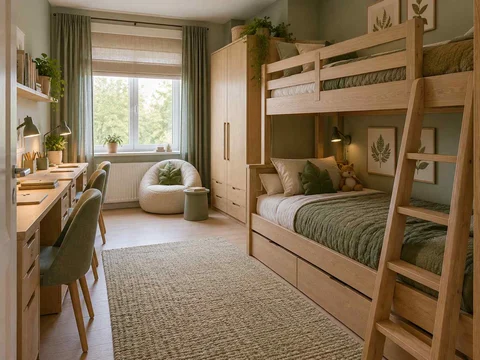 AI concept of bunk beds alongside study furniture and storage, with green bedding and botanical wall art