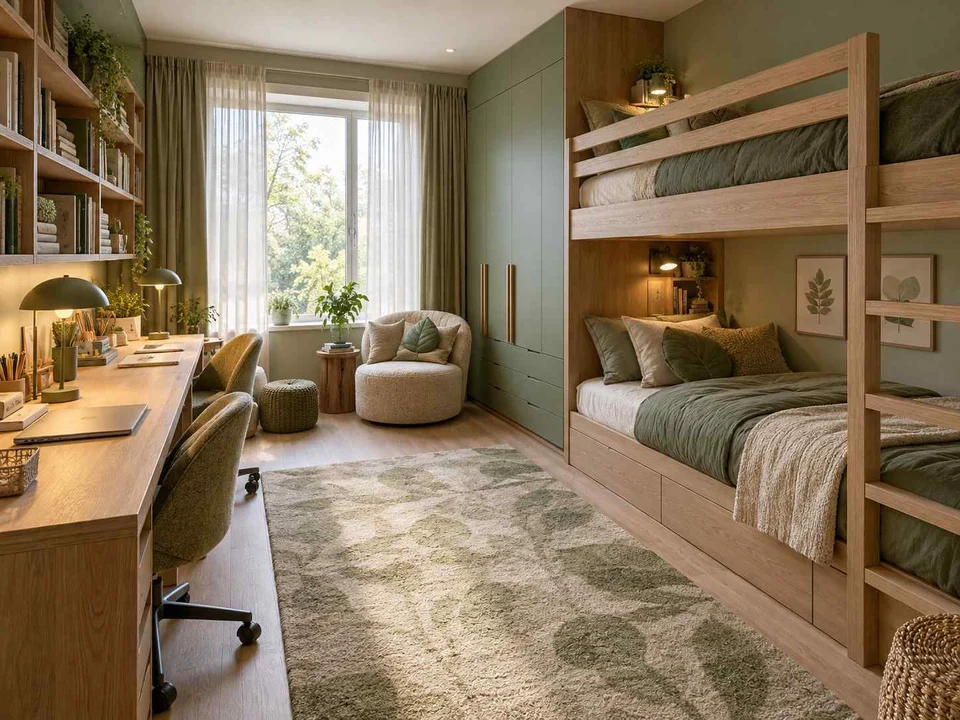 AI concept of bunk beds paired with bookshelves and study space, with green bedding and botanical wall art