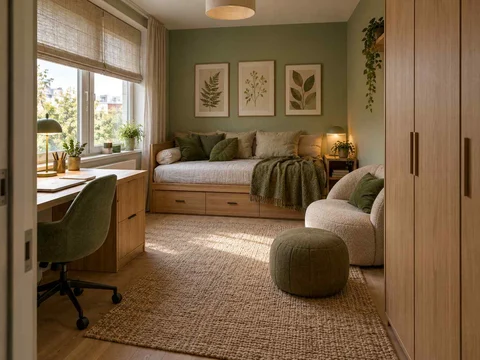 AI concept of a compact bedroom combining a bed, desk and storage, with green bedding and botanical wall art