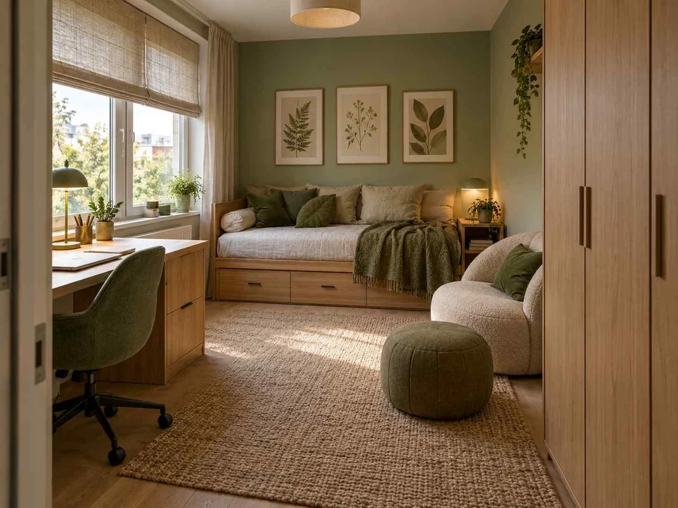 AI concept of a compact bedroom combining a bed, desk and storage, with green bedding and botanical wall art