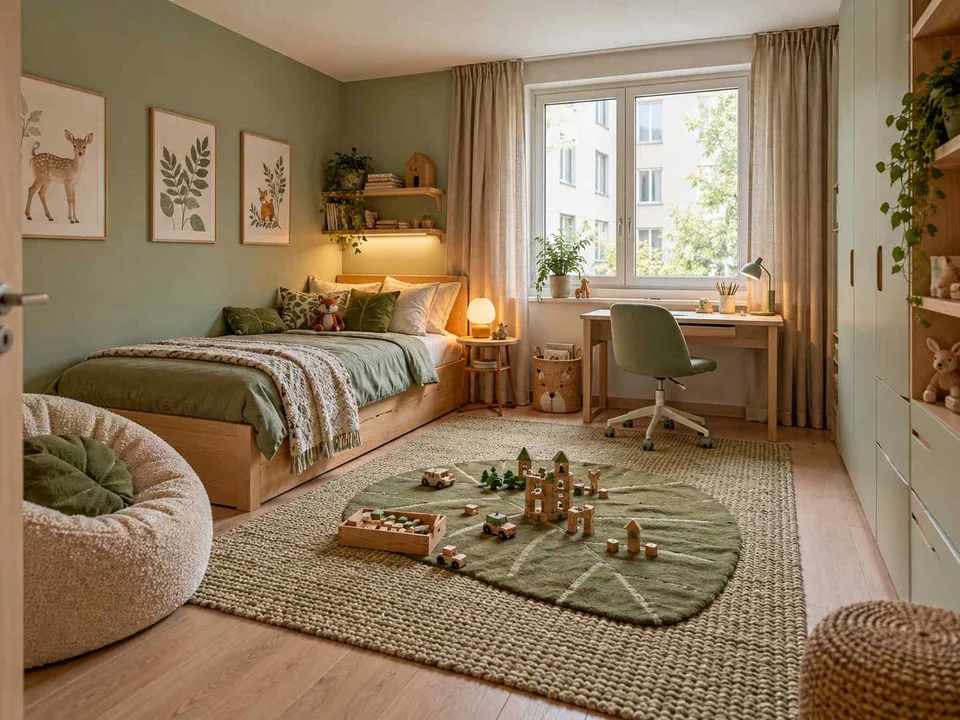 AI concept of a daylit bedroom with space for floor play, with green bedding and botanical wall art