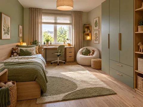 AI concept of a bedroom with a bed, study desk and open central floor space, with green bedding and botanical wall art