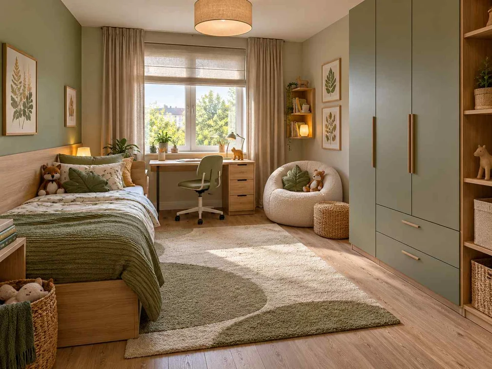 AI concept of a bedroom with a bed, study desk and open central floor space, with green bedding and botanical wall art