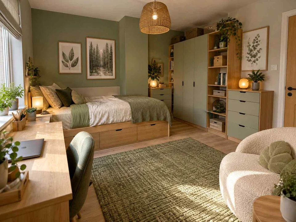 AI concept of a bedroom combining low storage with taller cabinetry or shelving, with green bedding and botanical wall art