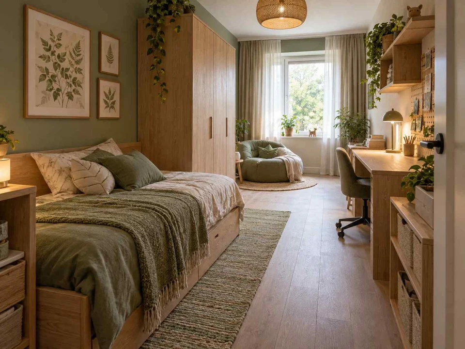 AI concept of a long bedroom with sleeping and study areas arranged along its length, with green bedding and botanical wall art