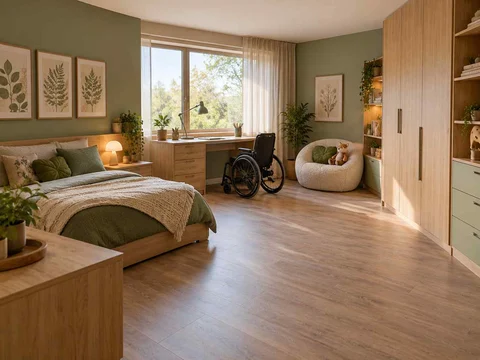 AI concept of a bedroom with an open central floor area and furniture arranged around its edges, with green bedding and botanical wall art