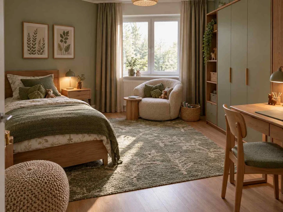 AI concept of a bedroom arranged around sleep, storage and a small sitting area, with green bedding and botanical wall art