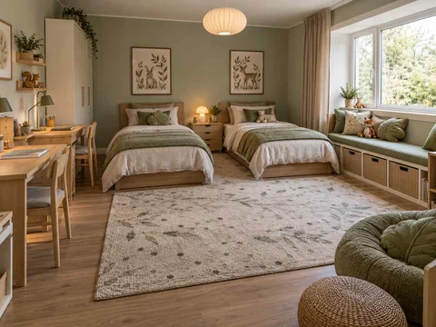 AI concept of a shared bedroom with twin sleeping areas and daylight from the window side, with green bedding and botanical wall art