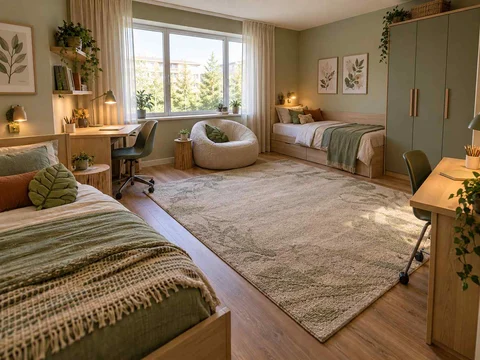 AI concept of a shared bedroom with two sleeping areas and desk space, with green bedding and botanical wall art