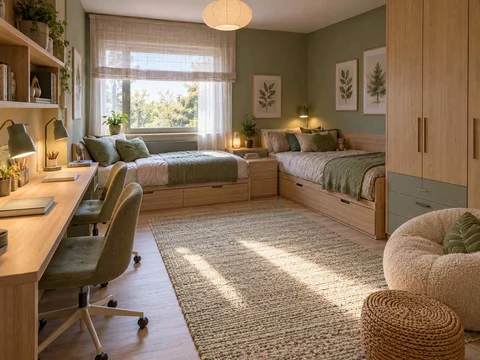 AI concept of a shared bedroom with two sleeping areas and study furniture, with green bedding and botanical wall art