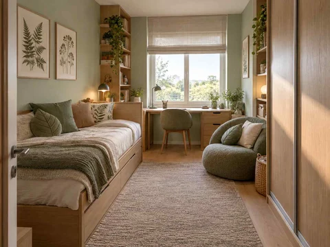 AI concept of a small bedroom with a bed, study furniture and integrated storage, with green bedding and botanical wall art