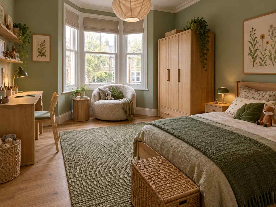AI concept of a bedroom with a window-side seating area, with green bedding and botanical wall art
