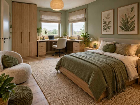 AI concept of a bedroom with a desk positioned near a window, with green bedding and botanical wall art
