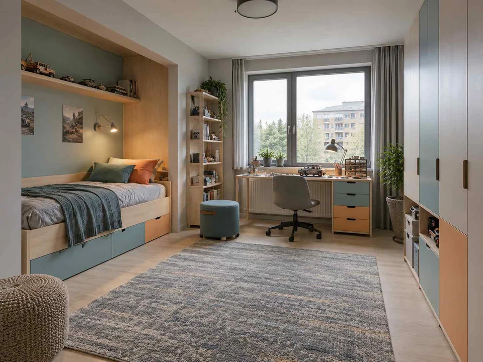 AI concept of a bedroom with a recessed sleeping area and a separate desk, with aqua accents and simple storage furniture