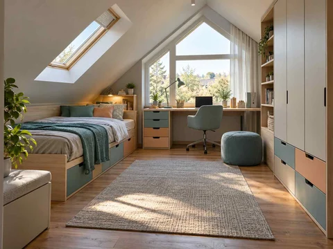 AI concept of a bedroom beneath a sloping ceiling with a bed and desk, with aqua accents and simple storage furniture